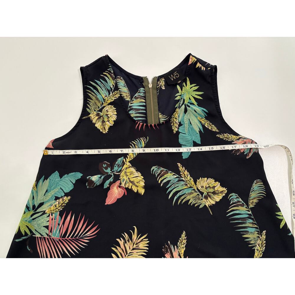 W5 Tropical Palm Print Sleeveless Blouse Black Floral Back Zip Top XL 11483M - Picture 3 of 6